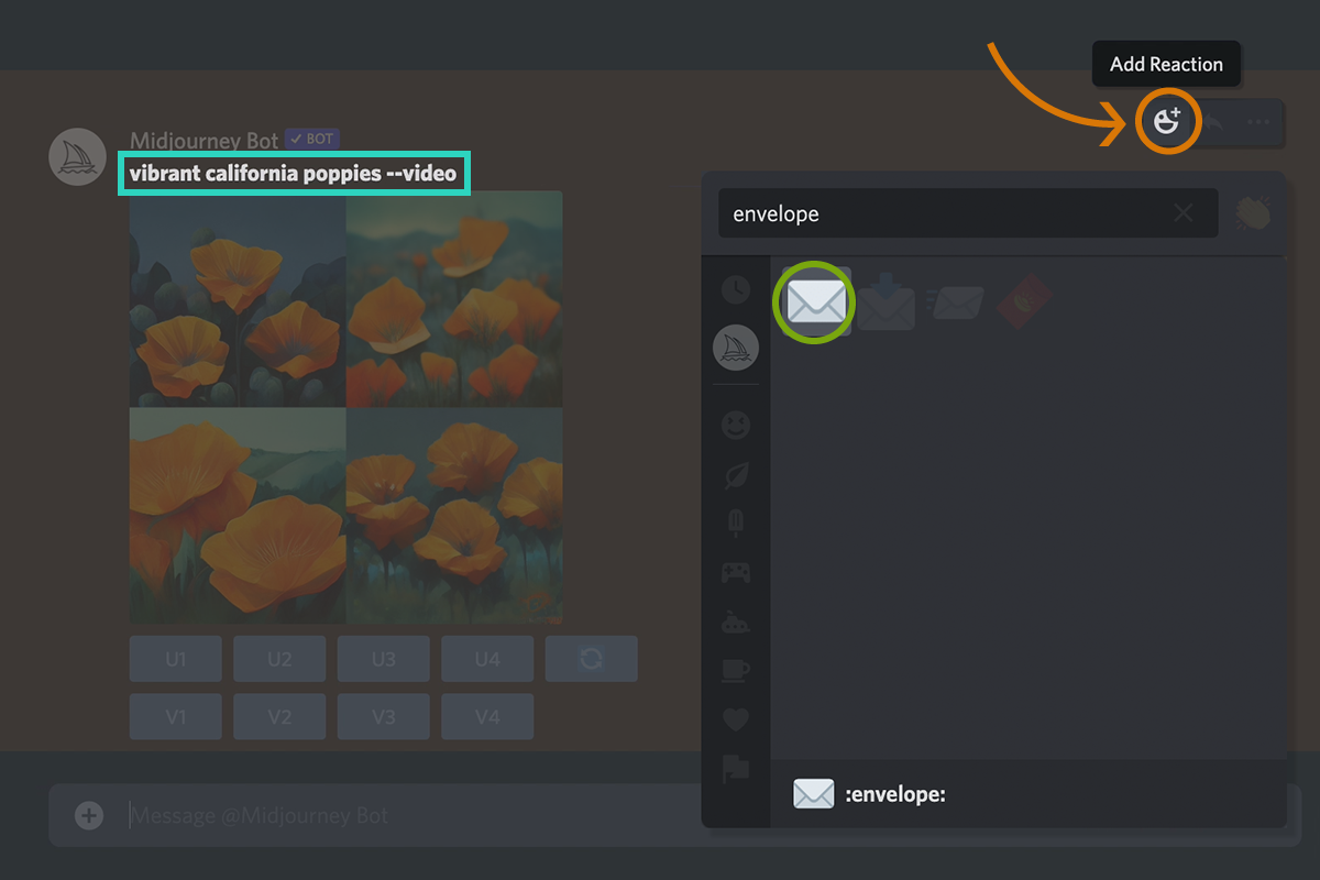 Image illustrating how to react with the envelope emoji in Midjourney
