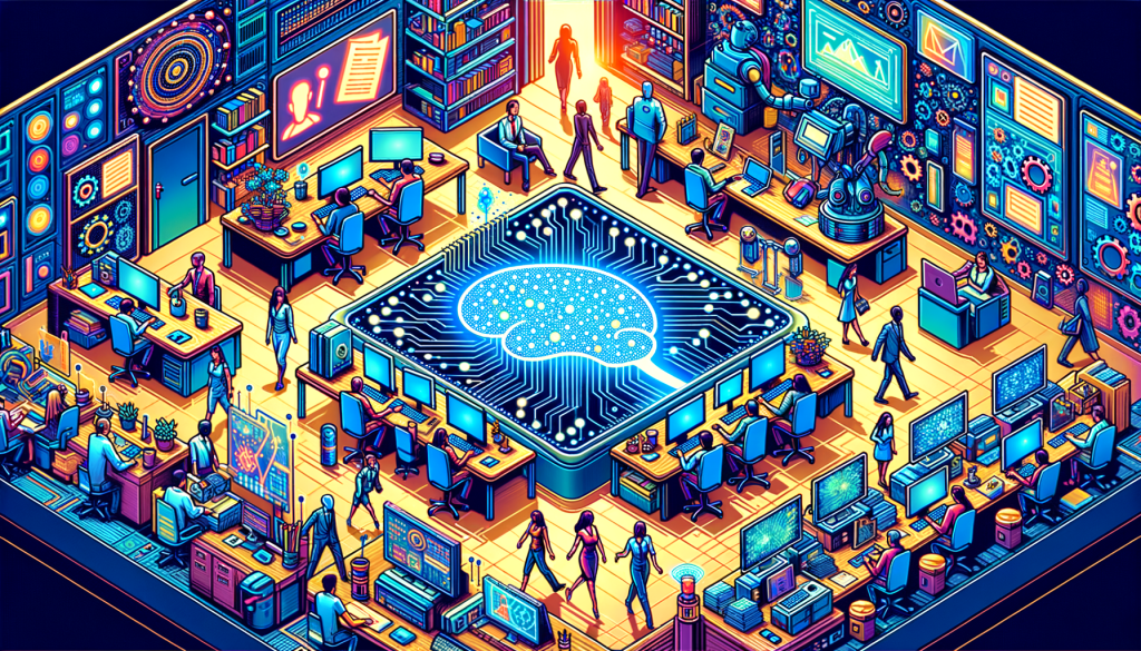 Create an illustration representing the intersection of journalism and artificial intelligence in a vibrant and engaging style. The picture should be in a 3:2 aspect ratio. Visualize a bustling newsroom with diverse teams of individuals, representing a range of roles such as machine learning engineers, software engineers, designers, and editors, all collaborating on a project. At the heart of the scene, depict a symbolic representation of AI, like a futuristic computer or a glowing neural network design. However, ensure to depict the human journalists as a crucial part of the scene because even with the assistance of AI tools, the journalism is still done by them. Also, subtly include a legal document and a web crawler icon to signify the contentious relationship. Do not add any copyrighted logos or trademarks.