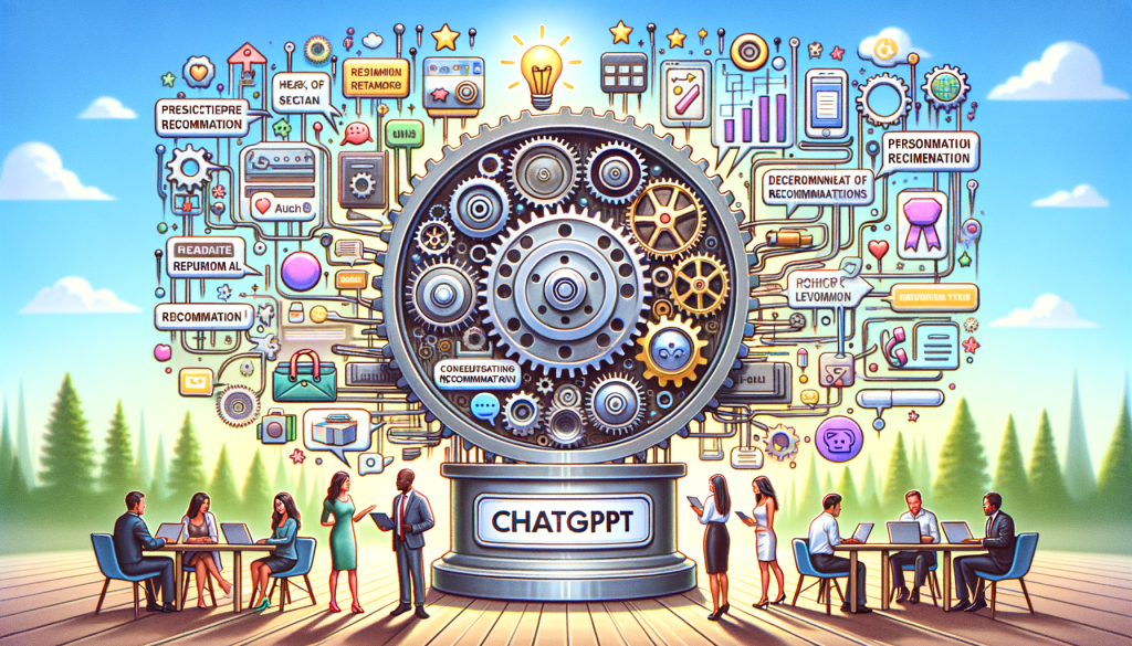 Create a 3:2 aspect ratio positive illustration related to the article 'Harnessing ChatGPT for Product Recommendation in Business'. The scene is set in a bright and light setting and shows a symbolic scene: A large metaphorical machine labeled 'ChatGPT' sits in the center with gears and pulleys. Out of it, come various products tailored to the individual users, symbolizing personalized recommendations. People of different genders and descents (Caucasian, Hispanic, Black, Middle-Eastern, South Asian, White) are interacting with the machine, expressing delight and interest. On the side, a group of people are working on a laptop, symbolizing the ethical considerations involved in AI technology.