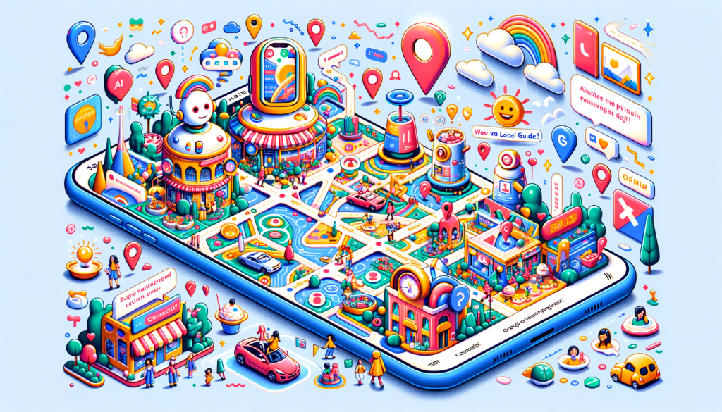 Create a joyful illustration in 3:2 aspect ratio that visualizes the concept of a 'supercharged' Google Maps. The picture should present a mobile screen displaying brightly colored, whimsical, and animated map, guided by AI, uncovering various points of interest such as restaurants, shops, and landmarks. It is populated by various friendly AI characters engaging in interactions - analyzing data, recommending locations and providing reviews. Also include the depiction of 'Local Guides' characters, who are contributing to the map by writing reviews and sharing photos. Use a style with soft edges, bright colors, and exaggerated features, similar to contemporary computer-animated films but avoiding any copyrighted styles.