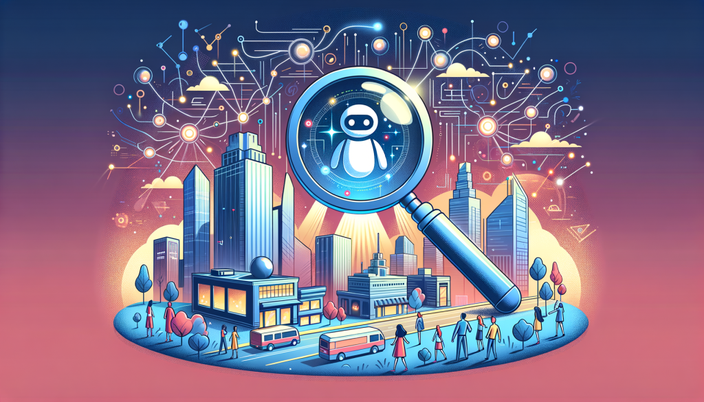 Generate an illustration in a cartoonish style portraying the concept of an AI-powered search engine. The scene includes a large magnifying glass floating above a cityscape, with lines representing search queries radiating out from it. Around it, there should also be a few futuristic skyscrapers symbolizing different data sources with lights within them indicating search activity. Also, represent the Copilot feature as a friendly robot lending a guiding hand to the queries. On one edge of the city, depict a group of people with diverse genders and descents looking appreciatively at the magnifying glass.