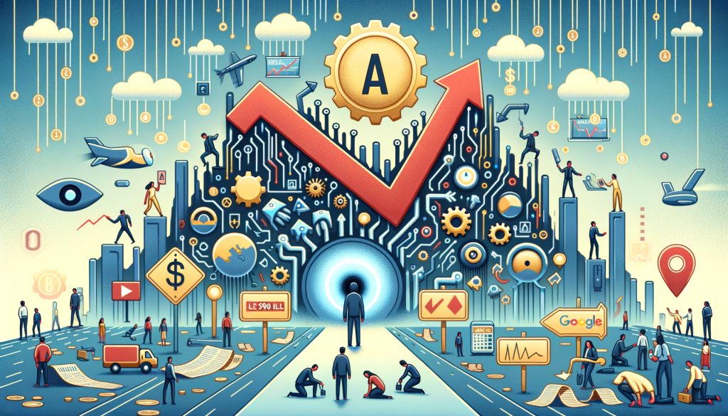 Generate an illustration in a cartoonish style portraying the concept of an AI-powered search engine. The scene includes a large magnifying glass floating above a cityscape, with lines representing search queries radiating out from it. Around it, there should also be a few futuristic skyscrapers symbolizing different data sources with lights within them indicating search activity. Also, represent the Copilot feature as a friendly robot lending a guiding hand to the queries. On one edge of the city, depict a group of people with diverse genders and descents looking appreciatively at the magnifying glass.