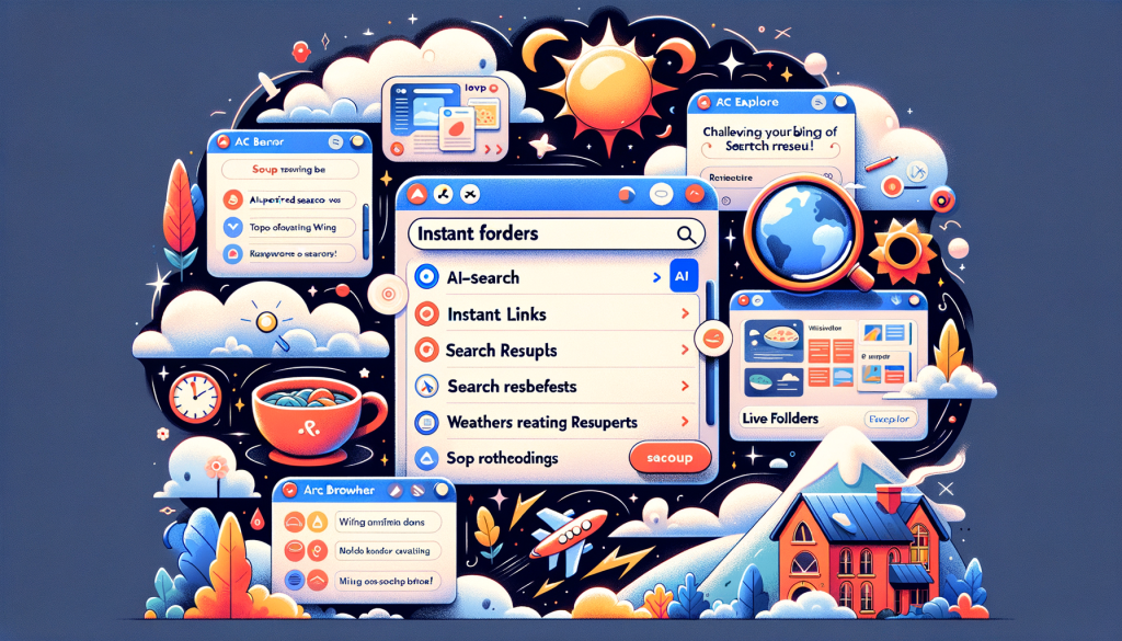 Generate an illustration in a cartoonish style portraying the concept of an AI-powered search engine. The scene includes a large magnifying glass floating above a cityscape, with lines representing search queries radiating out from it. Around it, there should also be a few futuristic skyscrapers symbolizing different data sources with lights within them indicating search activity. Also, represent the Copilot feature as a friendly robot lending a guiding hand to the queries. On one edge of the city, depict a group of people with diverse genders and descents looking appreciatively at the magnifying glass.
