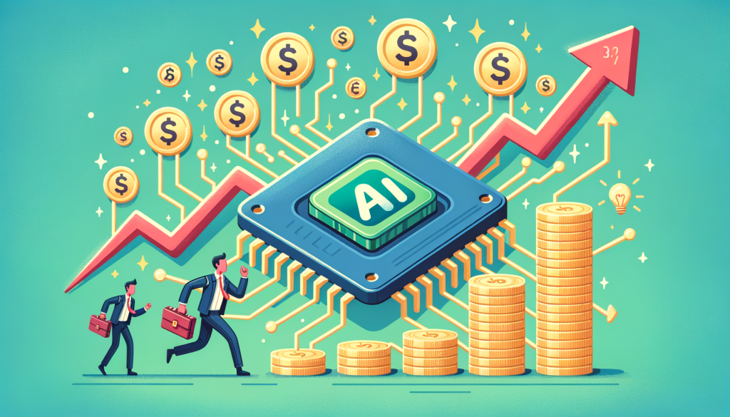 Create a 3:2 aspect ratio illustration in a lively and optimistic style, avoiding the mention of specific companies. Depict a representative icon of an AI processor chip noticeably profiting from an influx of generic symbols of investment, resembling digital currency or abstract financial icons. Illustrate this scene with a rising trend arrow in the background to represent the climbing stock. Note, this needs to be an indirect representation, without clear references to specific brands or companies. All visuals need to be created in a lighthearted and colorful, cartoonish style.