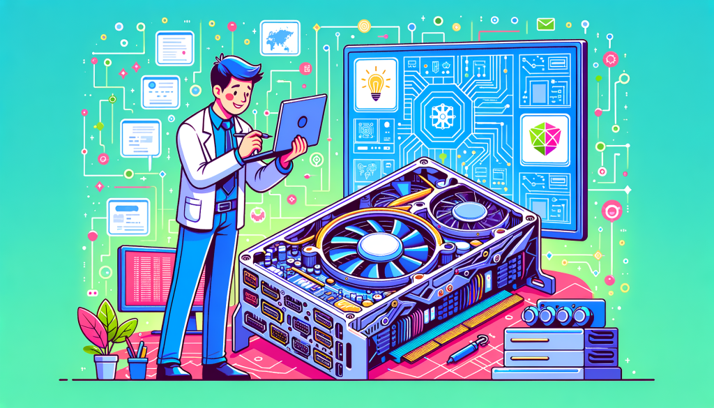 Create a 3:2 aspect ratio illustration in a cheerful, cartoonish and vibrant style, showing a non-descriptive male software engineer adjusting a large, complex graphics processing unit. In the background, show data being processed and transformed into artificial intelligence sub-systems, representing various countries' tech advancements. The overall image should have a positive and light-hearted tone to represent the growing demand for such technology.
