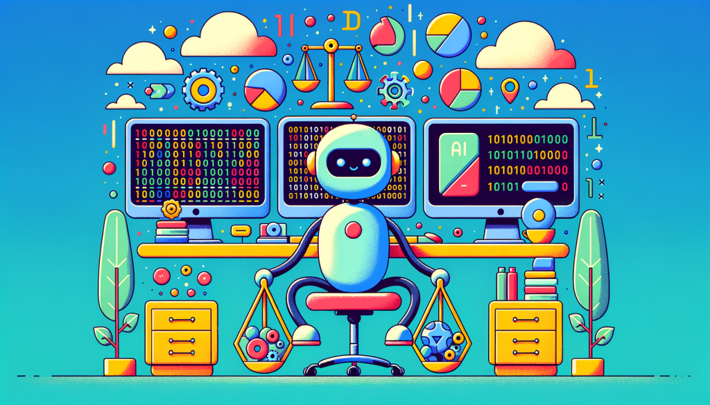 Create a 3:2 aspect ratio illustration in a cheerful, cartoonish and vibrant style, showing a non-descriptive male software engineer adjusting a large, complex graphics processing unit. In the background, show data being processed and transformed into artificial intelligence sub-systems, representing various countries' tech advancements. The overall image should have a positive and light-hearted tone to represent the growing demand for such technology.