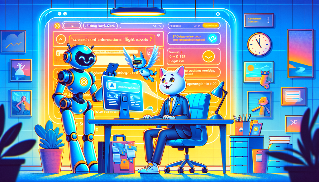 Create a 3:2 aspect ratio illustration in a cheerful, cartoonish and vibrant style, showing a non-descriptive male software engineer adjusting a large, complex graphics processing unit. In the background, show data being processed and transformed into artificial intelligence sub-systems, representing various countries' tech advancements. The overall image should have a positive and light-hearted tone to represent the growing demand for such technology.