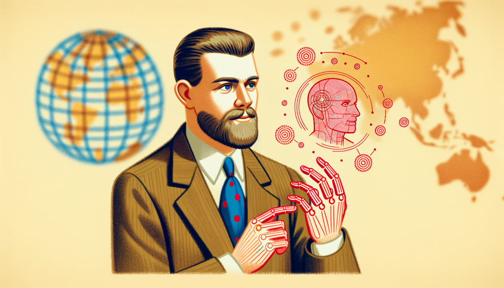 Create a 3:2 aspect ratio illustration in a cheerful, cartoonish and vibrant style, showing a non-descriptive male software engineer adjusting a large, complex graphics processing unit. In the background, show data being processed and transformed into artificial intelligence sub-systems, representing various countries' tech advancements. The overall image should have a positive and light-hearted tone to represent the growing demand for such technology.