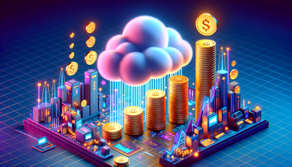 Create a 3:2 aspect ratio illustration in a cheerful, cartoonish and vibrant style, showing a non-descriptive male software engineer adjusting a large, complex graphics processing unit. In the background, show data being processed and transformed into artificial intelligence sub-systems, representing various countries' tech advancements. The overall image should have a positive and light-hearted tone to represent the growing demand for such technology.