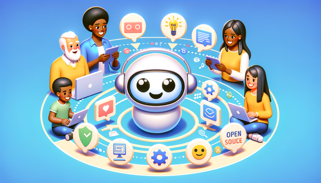 Create a digital illustration in a positive and light 3D animation style, with a 3:2 aspect ratio. The image should feature a metaphorical scene where a friendly, personified chatbot assistant with a big smile and 'Hugging Face' insignia is customizing itself with different skill icons orbiting around it. This could include a language icon, a coding icon, and an open source icon. In the background, a group of diverse users, consisting an elderly Black woman, a young Middle-Eastern man, and a teen Hispanic girl, are cheerfully using their devices to interact with the assistant. The scene should represent the idea of easy-to-use, customizable and community-oriented AI assistant technology. Please do not use any proprietary symbols, characters or references in the design.