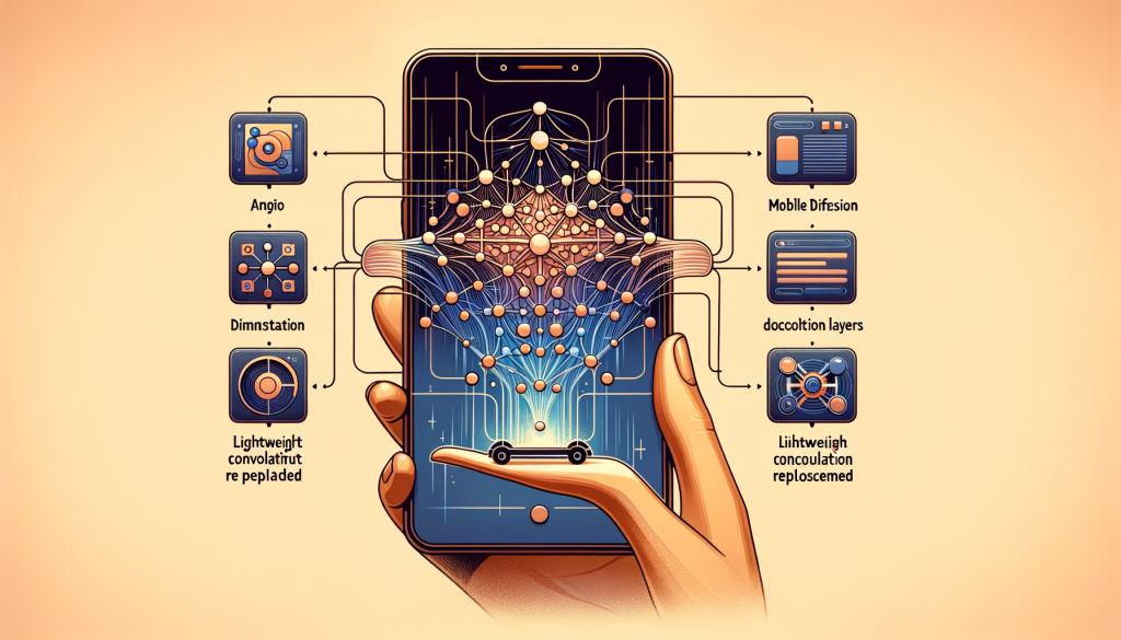 Create an illustration in a 3:2 aspect ratio depicting the concept of MobileDiffusion. Illustrate an abstract representation of a mobile device where one can observe the process of 'text to image' transformation. The design should mirror the positive impact this technology has on mobile image generation. Incorporate symbolic elements such as a small, intricate network illustrating the model's architecture, lightweight convolution layers being replaced, and a streamlined training process. Show the efficiency and rapid results across different platforms such as Android and iOS. The style should be visually warm, inviting, and simple, evoking a sense of understanding of intricate processes being performed effortlessly.