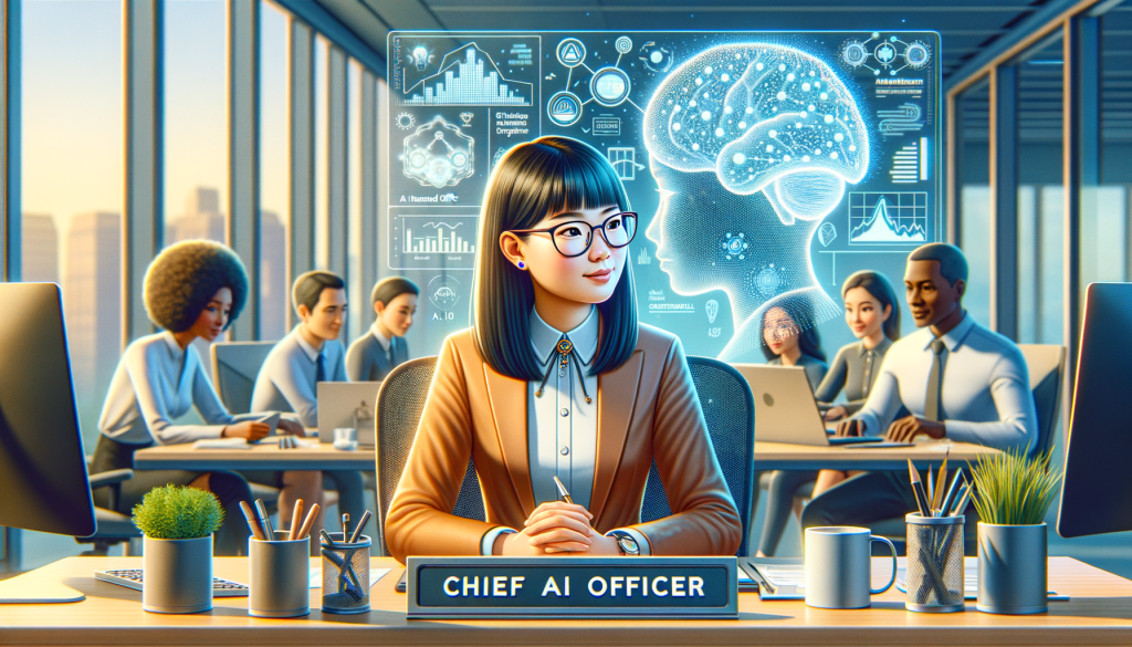 Create an illustration in a light and positive style that depicts an office environment with a wholesome, welcoming vibe, similar to 3D animated films. In the foreground, feature a determined and focused Asian female Chief AI Officer, with glasses, sitting at her desk. Her office is filled with AI-themed items like a holographic screen reflecting data and AI concepts, including algorithms, machine learning cycles, and artificial neurons. She is deeply engaged in analyzing a large 3D holographic language model floating above her desk. The background hints at a diverse team of coworkers, both men and women, of Black, Caucasian, Hispanic, and Middle-Eastern descents, engaged in strategic discussions and collaborative work. The chief AI officer's desk nameplate reads 'Chief AI Officer – Strategizing the Future of AI'.