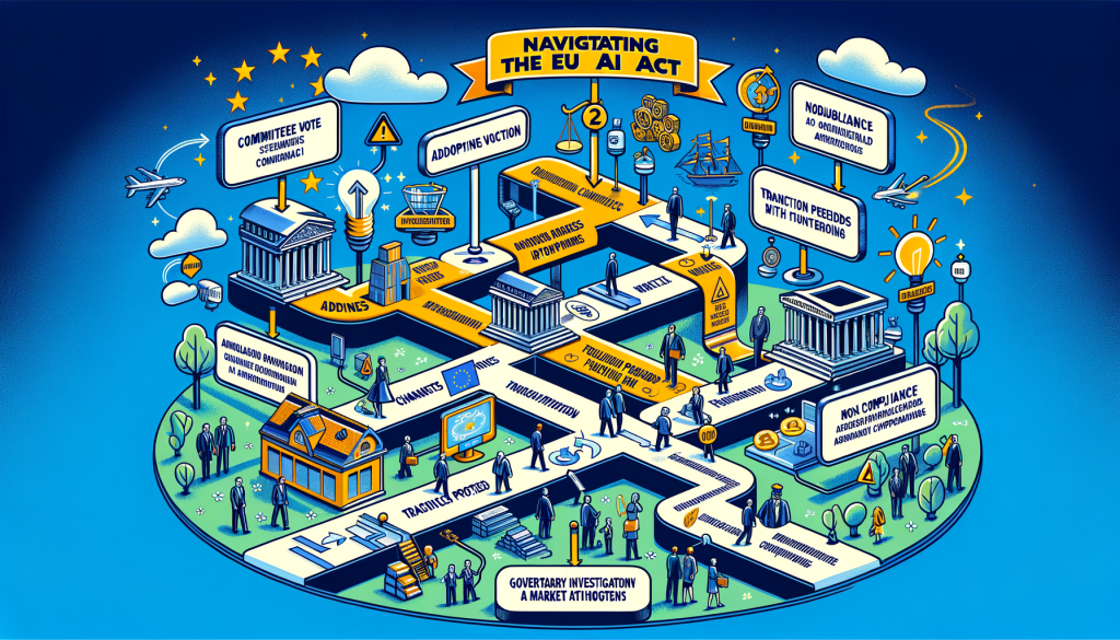 Generate an illustration with a 3:2 aspect ratio in a lively and optimistic style, reminiscent of animated movies. The main focus of this image is 'Navigating the EU AI Act.' Visualize a flowchart (decision tree) with various paths and stages mentioned in the article. Include labels like 'Committee vote,' 'Adoption,' 'Publication,' 'Entry into force,' 'Transition periods', 'Non-compliance', 'Fines', 'Regulatory investigations', and 'Market withdrawals.' The flowchart should guide organizations through potential changes in 'Business models', 'Product offerings', 'Technical processes', and 'Governance and compliance approaches.' To denote global significance, include symbolic icons for businesses and various global aspects.