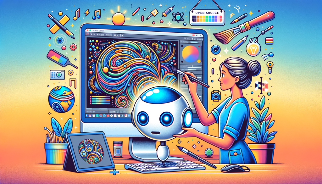 Create an illustration in 3:2 aspect ratio representing the major themes of the article. Include an image of a innovative AI model called MGIE, depicted as a smart helper interacting with a photo editing software interface. Make sure to depict the software performing complex image edits based on written text instructions, showcasing pixel-level manipulations like color adjustments and object manipulation. The illustration should reflect a positive, light-hearted, and whimsical style, highlighting the revolutionary and transformative potential of MGIE. Add a globe icon to symbolize the tool's accessibility and universal use. Lastly, include a sign or banner reading 'Open Source', reflecting MGIE's availability on GitHub.