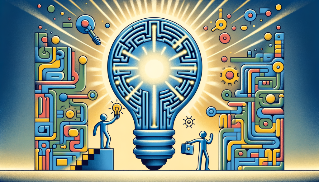 Create an illustration that represents the concept of an article about the latest advances in language learning models (LLM) technology by Google Deepmind and the University of Southern California. Please include elements that signify self-discovery and improvement, such as a stylized LLM being enlightened by a figurative light bulb, symbolizing new-found knowledge and ability. Highlight actions of problem-solving and reasoning, possibly with a visual metaphor like a complex maze being easily navigated by the LLM. Design the image in a positive and light tone, comparable to the aesthetic found in early 20th-century graphic animation. Keep the aspect ratio as 3:2.