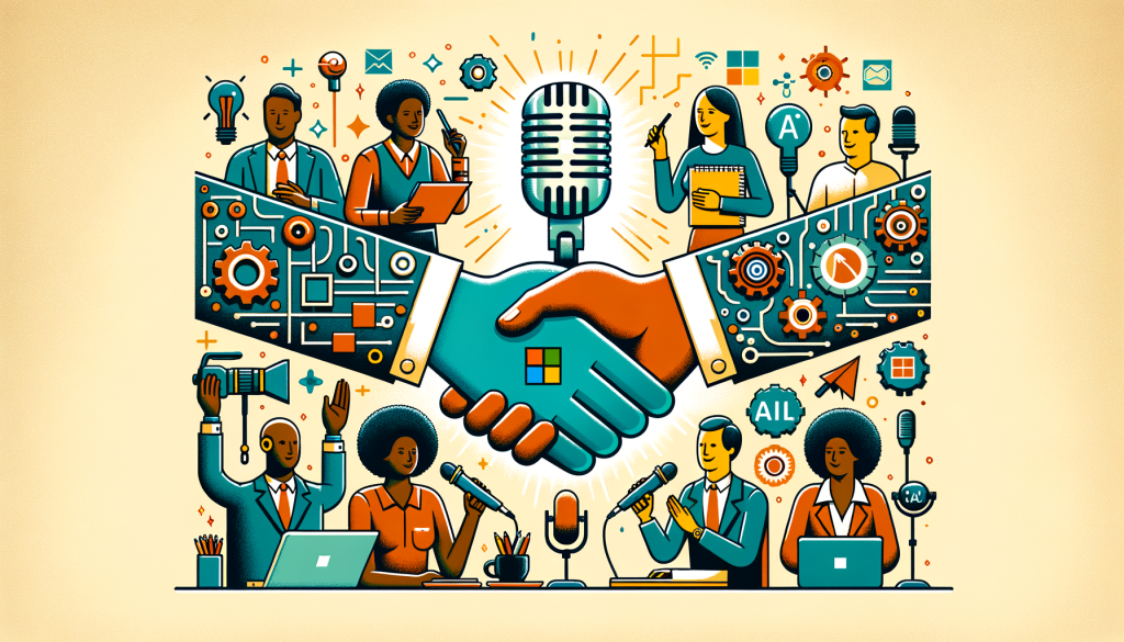 Create a 3:2 aspect ratio illustration in a positive and light style capturing the theme of the article titled 'Microsoft announce new partnership with journalism organizations'. The image should depict a symbolic representation of Microsoft (perhaps a large 'M' logo), shaking hands with various symbols indicative of journalism like a pen, notebook, microphone. Surround them with AI motifs, such as gears, circuit patterns, or robotic hands. Furthermore, portray a diverse group of journalists (for instance, a Black woman holding a microphone, a Caucasian man with a notepad, a Hispanic woman with a camera, a Middle-Eastern man at a computer) participating in an AI training session, suggesting the technological advancements in journalism. Maintain a vibrant and uplifting color palette to emphasize the optimistic future of journalism powered by AI technologies.