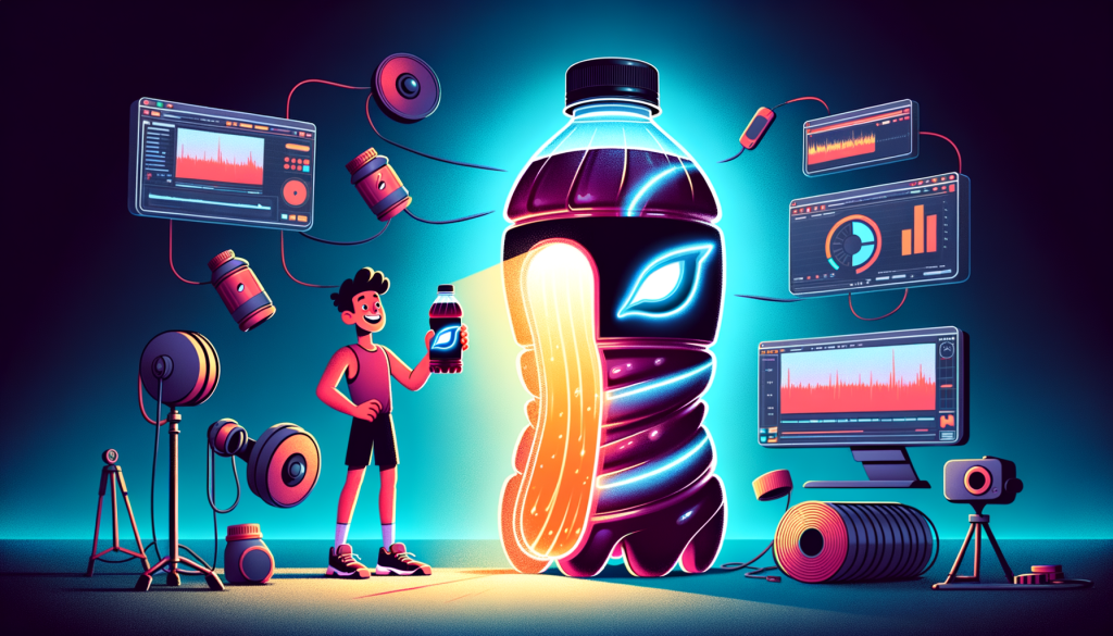 Create a digital illustration in a light-hearted, cartoon style, to represent the idea of AI-generated advertisements. The image should follow a 3:2 aspect ratio. The scene shows a large sports drink bottle, its contours subtly morphing in an uncanny manner. From the opening of the bottle, a light of an eerie shade highlights the scene, suggesting the artificial intelligence involved. A smiling athlete is standing next to it. In their hand, they're holding a glowing container that looks like it’s transforming. Also noticeable is a stylized representation of video and audio editing tools. All these should convey the unnerving trend of AI-generated Super Bowl commercials. Please avoid any explicit branding or logos.