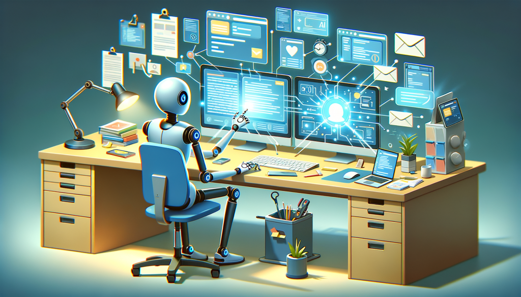 Illustrate a light-hearted and positive scene in a cartoony style inspired by popular 3D animation. Picture this in a 3:2 aspect ratio: An autonomous AI text-based helper is represented as a personable robot at a typical modern workstation. The robot is efficiently multitasking, typing on a keyboard with one hand, controlling a monitor cursor with the other, and interacting with various digital applications on multiple screens. Subtly hint at the transformative potential of this technology by showing the work area neat and organized, the robot working briskly, and a bright luminance spreading from the screens, symbolizing productivity enhancement.