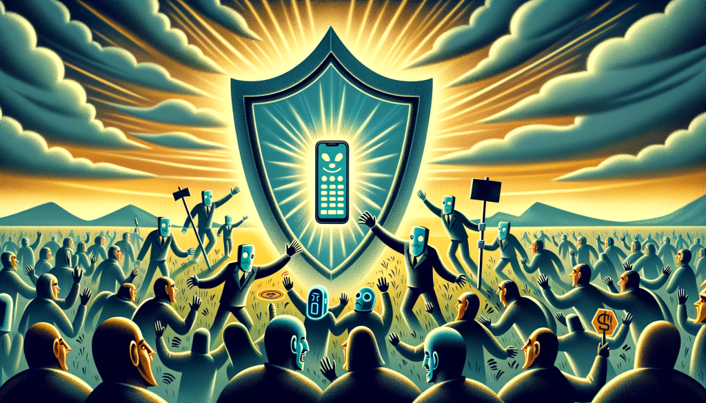 Create a 3:2 aspect ratio illustration in an uplifting and positive style, reminiscent of pre-1912 animation. The image should depict the triumph of the law over dishonest robocall practices. Show a symbolic representation of the Federal Communications Commission (FCC) as a giant, protective shield. Imagine a phone in the center of the shield, emanating own light to ward off dark, crooked, robotic figures with artificial, metallic voices. These figures represent robocalls using AI-generated voices. Among the crowd of dark figures, indicate a thwarted scam attempt, perhaps a figure holding a mask of an unknown public figure. Illustrate the environment as brightly-colored to represent the positive change and the newly restored safety and security given by this FCC ruling.