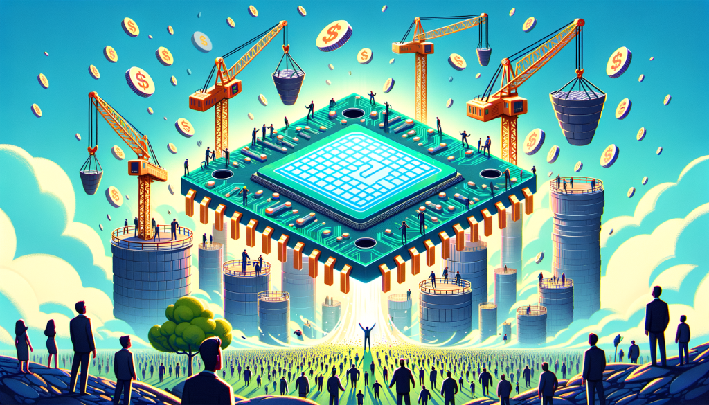 Create a joyful, light-hearted, and inspirational 3:2 illustration. This illustration depicts an optimistic future of chip manufacturing for AI technologies. The core visual elements are a giant silicon chip under construction facilitated by AI-controlled cranes and robots. The chip floats in a sky filled with other smaller chips giving an impression of abundance. A metaphorical money tree surrounded by potential investors from around the world signifies the enormous funding required. In the scene, include the silhouettes of both male and female figures representing different descents, like Caucasian, Hispanic, Black, Middle-eastern, South Asian, to illustrate the global collaboration. This vibrant, cartoonish, and positive style should capture the essence of Pixar's visual aesthetics without directly copying it.