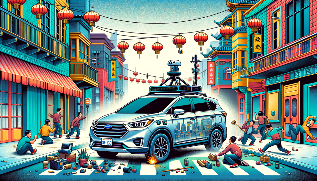 Create an illustration in a 3:2 aspect ratio, displaying a drivable vehicle with sensor equipment mounted on the roof, and symbolizing autonomous capability, in a positive, light-hearted, colorful style. The vehicle is parked on a street in a locale resembling San Francisco's Chinatown, with characteristic buildings and hanging lanterns in the background. There's a restless crowd milling about in the vicinity, some of the people are jumping on the car's hood and some are smashing the windshield. A small fire is kindling near the vehicle. Ensure the depiction is in a playful, non-threatening manner.