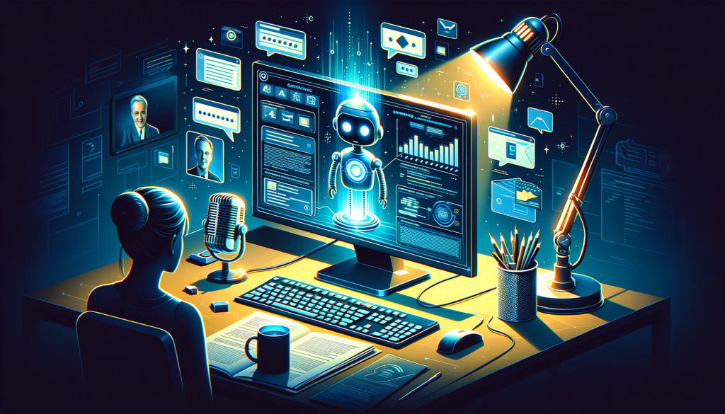 Create a 3:2 aspect ratio illustration in a lighting and child-friendly style. The graphic should depict a personal computer on a desk with features that hint its technologically advanced nature, perhaps glowing or with futuristic design aspects. On the screen, show an AI chatbot animation, showing text balloons indicating that it is summarizing and analyzing data from different documents like YouTube videos and PDFs. Farther in the background, depict the backside of a person – possibly a journalist – attentively observing the process, hinting at the potential use of this technology for data research. Please also show some elements that suggest it runs on a powerful GPU, for example, a high-tech, advanced design or an emblem on the computer case that suggests a high-end GPU.