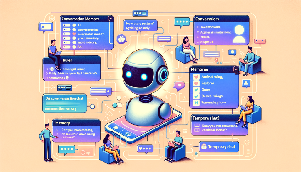 Illustrate a concept image showcasing the new feature of ChatGPT's conversation memory. Place the AI as the central element in a 3:2 aspect ratio format. Have it interact with several diverse users on chat screens, displaying rules, queries and responses. Aspects such as activating the memory feature, different user interactions contributing to the chatbot's memory, an option to delete individual memories, and use of the Temporary Chat feature should be subtly integrated. Make sure the overall style is positive, light, and reminiscent of friendly cartoon animations. The image should have a modern, digitally themed background, reinforcing the tech-oriented nature of the feature.