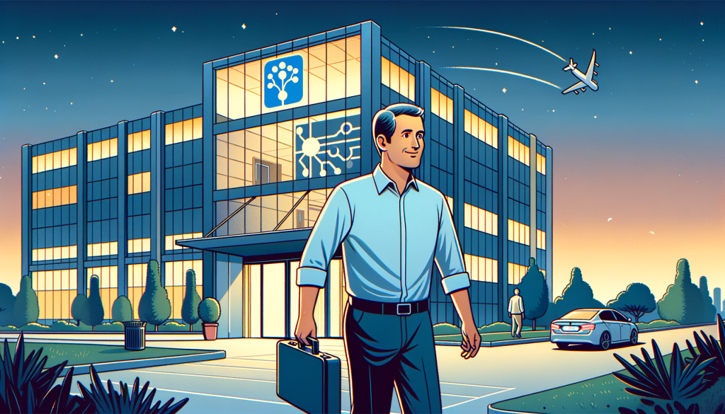 Illustrate an image in 3:2 aspect ratio, employing a positive and cheerful visual style. Showcase a generic man departing an office building that symbolizes a technology research organization. He should be middle-aged, South Asian, with an expression of determination and anticipation towards the future. Have the logo of OpenAI subtly on the building. The evening sky in the background implies the culmination of a chapter. Include symbols of artificial intelligence (like a neural network diagram or a robot) to emphasize the context. Do not include any characters that would identify real persons.