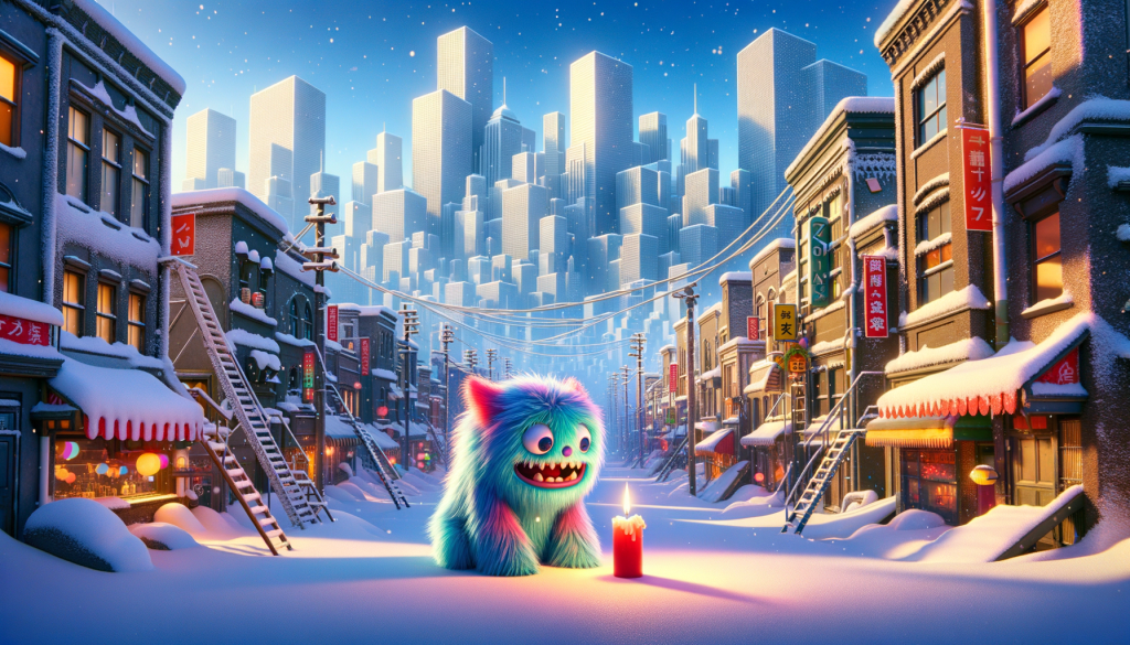Generate a 3:2 aspect ratio, bright and feel-good illustration that encapsulates the idea of OpenAI's Sora application. The picture should depict an inventive and color-rich virtual world, mirroring the photo-realism as suggested in the article. The composition may show a snowy cityscape, hinting at Tokyo, along with a cheerful, furry monster kneeling by a red candle. Broadly, this scene illustrates the robust world-building and storytelling capacity of Sora, in addition to the potential to generate animated scenes, all achieved without explicit professional training in filmmaking.