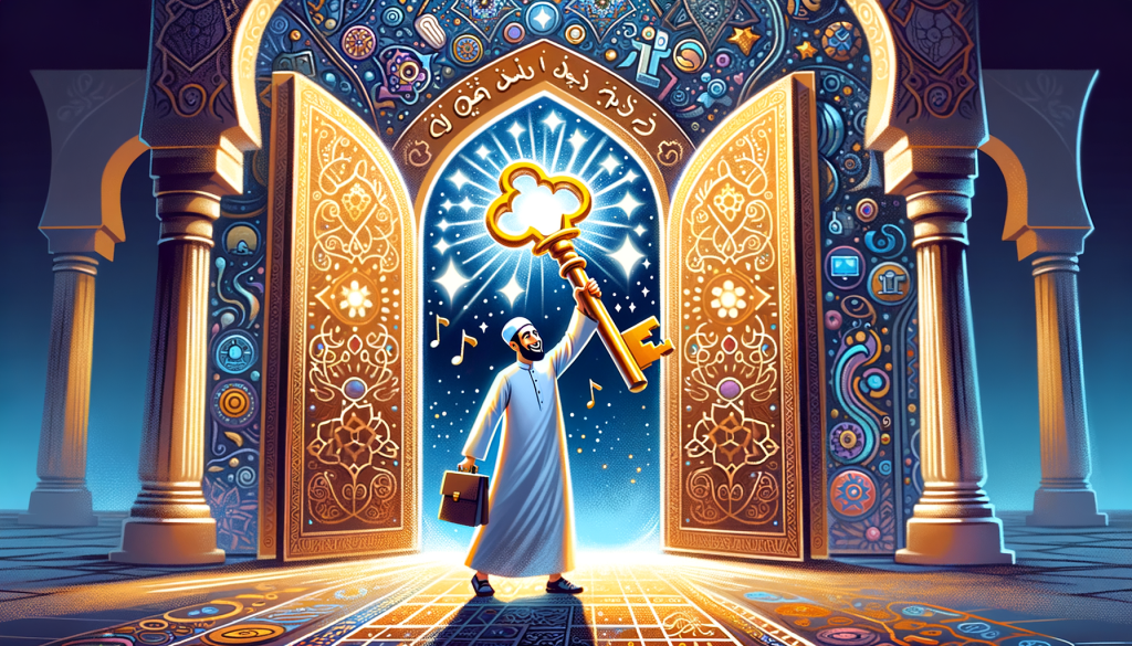 Create an illustration in a 3:2 aspect ratio that personifies the concept of 'Unlocking Financial Success with Midjourney AI: A Comprehensive Guide'. In the scene, an entrepreneur who is Middle Eastern and male is joyously holding a luminous golden key which signifies AI technology. He stands before a large, imposing door with intricate patterns and symbols of art and digital commerce. The door is slightly ajar, suggestively radiating an inviting glow, symbolizing the vast opportunities for income generation and creative expression. The overall mood of the illustration should be positive, vibrant, and inviting, utilizing a stylized, heightened-reality design approach like that employed in pre-1912 animated films.
