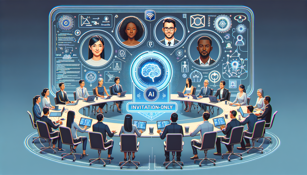 Generate an illustrative image capturing the concept of 'OpenAI's invitation-only community forum'. Display a diverse group of people, including a Caucasian woman, a Hispanic man, a Black woman, and a South Asian man, engaged in a digital forum discussing AI. Showcase a futuristic screen displaying AI elements such as code, symbols, neural network diagrams, and a badge signifying 'invitation-only'. Also include elements from a traditional forum: roundtables, interactive events, and a diverse audience. Communicate the atmosphere of online and in-person events and the potential for broad participation in AGI development. Please maintain a 3:2 aspect ratio and a positive, light-hearted style without directly referencing Pixar's style.