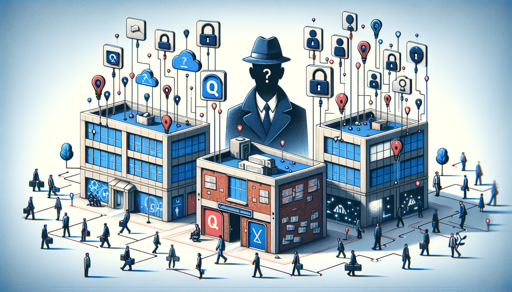 Create an upbeat, 3:2 aspect ratio illustration that encapsulates the essence of an article about OpenAI hiring an investigator to address internal security issues and prevent information leaks. The image should feature a visibly Asian male detective symbolizing the investigator, surrounded by miniature buildings representing the organization. Inside the buildings, hint at various echelons of operation, one with a tall door marked 'Q*' signifying confidential projects, others showing silhouettes of people showing internal collaborations. Use hints of transparent pipes leaking information to symbolize leaks being patched or investigated by the detective. Also, subtly represent artificial intelligence themes by apppropriate symbols.
