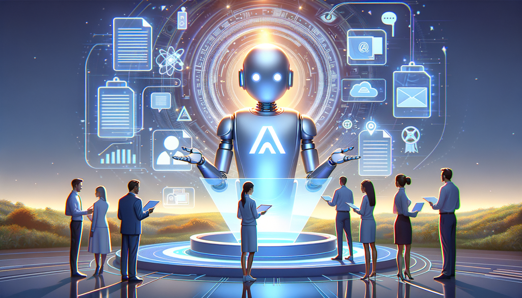 Create an illustration of a serene digital landscape where modern technology is integrated harmoniously. Please depict a large, welcoming slate marked 'Adobe Acrobat' in the centre foreground. Imagine an intelligent robotic assistant, characterized by a distinct, glowing symbol, assisting several users. Users may be portrayed as both adults and teens, with a range of descents such as Caucasian, South Asian and Middle Eastern. The robotic assistant is interacting with floating holographic documents of various formats like PDF, Word and PowerPoint. Visualize the AI Assistant summarizing these files and creating clickable links, all the while maintaining an aura of security. Make the scene feel light, positive, and bureaucratic.