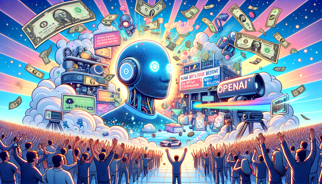 Create an illustrative visualization in a 3:2 aspect ratio, filled with positivity and brightness, using an imaginative and animated style. The illustration should symbolize OpenAI, a significant artificial intelligence company valued at $80 billion. The scene should include OpenAI employees excitedly cashing out their shares due to the successful deal. Add elements depicting the AI breakthroughs made by the firm, like a highly intelligent chatbot and a video creation tool. A visual representing a huge $10 billion support from a tech giant, Microsoft, in the background would add depth to the illustration. This image venerates the futuristic vision of AI technology, soaring revenues, and monumental impact on society.