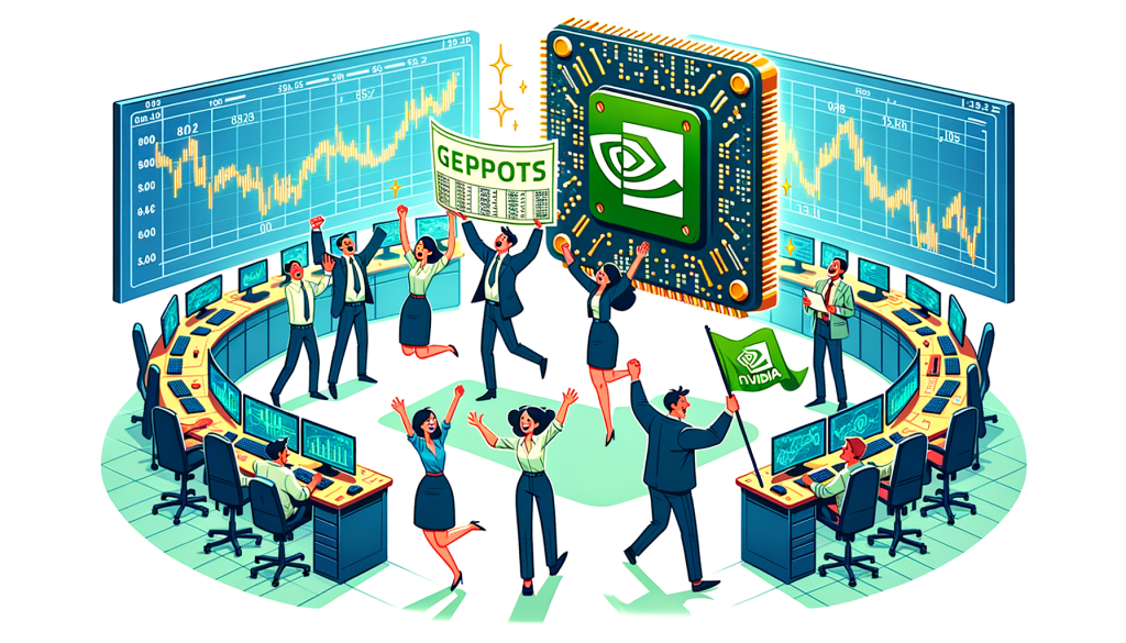Illustrate a joyful and victorious moment at corporate Nvidia, with employees celebrating impressive earnings results around a large futuristic AI chip. A diverse group of employees can be seen: an Asian woman holding the printout of the report, a Middle-Eastern man waving a banner with a chart showing stock soaring upwards, and a Caucasian man, who is holding a large AI chip model over his head. The interior should be filled with screens displaying complex AI models. The artwork should have an aspect ratio of 3:2, and in a playful, rounded, and colorful illustrative style similar to animation.