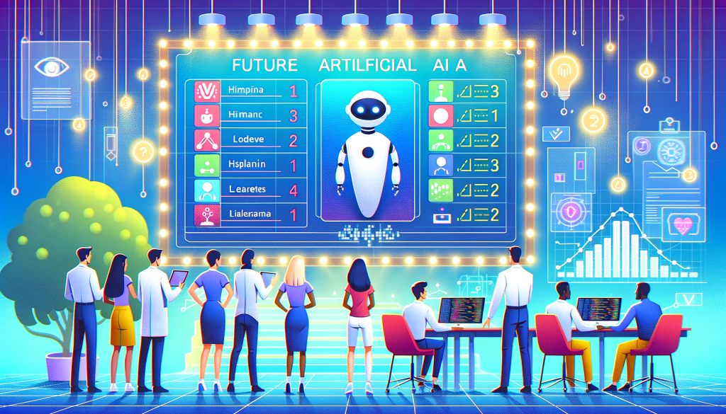 Create a 3:2 ratio illustration in a cheerful and bright format. Picture a modern, technologically advanced setting that reflects the future of artificial intelligence. Include a leaderboard showcasing various AI models, each labeled with symbols rather than names. Show researchers observing the leaderboard and evaluating the AI models. They should be depicted as a mixed group, including a Hispanic female and a Black male researcher for inclusion. In the background, subtly illustrate the development and testing of AI models, maybe through lines of code or futuristic digital displays. Imaginatively represent the cited 'Chatbot Arena', perhaps as a lively virtual arena where chatbots engage, spectators vote, and a giant scoreboard displays the results. Remember, the entire scene should not be in a specific artist's style but should be vivid, positive and light.