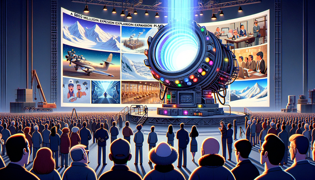 An illustration related to the article content. The scene captures an expansive film studio represented in a computer-generated animation style inspired by early 20th century cartoons. As the focal point, a futuristic-looking machine symbolizing artificial intelligence is present, emitting a vibrant light, indicating its state of operation. Out of this machine emerge cinematic videos, illustrating various locations from snowy mountains to urban cityscapes without any need for travel. Surrounding this scene, a notable variety of studio professionals including Caucasian male actors, Black female editors and Asian crew members are seen observing with expressions of astonishment and concern. They stand together symbolising a collective approach. In the background, an $800 million expansion plan blueprint can be seen rolled up, symbolizing a halted project.