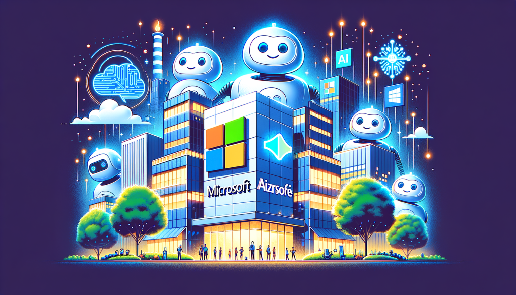 Illustrate an image in a 3:2 aspect ratio, with a cheerful presentation showcasing the partnership between a major software corporation and an innovative AI startup. The art is punctuated with an AI-themed iconography. Visualize the French startup, Mistral. depict it as an attractive, futuristic building illuminated with lights, the logo prominently displayed. Also, include friendly bots, to symbolize their conversational chatbot, 'Le Chat'. On the other extreme, show the iconic logo of the major software corporation, symbolizing Microsoft. Also, include a depiction of their cloud platform with clusters of servers and databases to represent Azure AI platform. Remember that the style should be light, positive, and in the style of animated 3D characters with exaggerated features and bright colors.