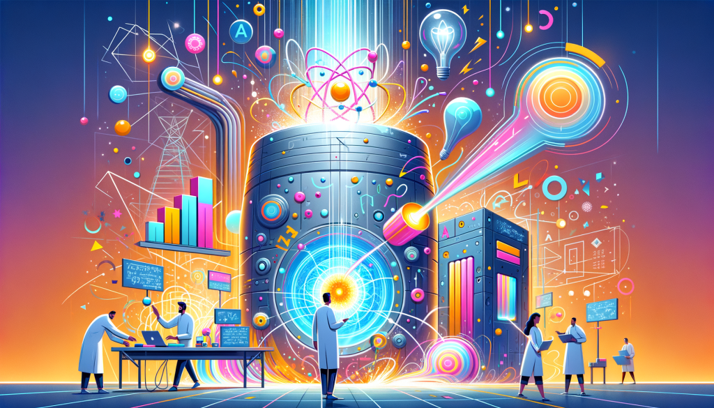 Imagine an illustration for the following scenario, encapsulating the article titled 'AI Just Cleared A Big Hurdle On The Road To Nuclear Fusion Energy'. The focus should be on the essence of the article, signifying the milestone of AI in achieving nuclear fusion energy. The illustration must be in 3:2 aspect ratio, adopting a lively, optimistic style. Depict abstract figures working with a big machine, designed with brightly coloured geometric shapes to symbolize a fusion reactor. A flow of light from the reactor indicates energy production. Incorporate elements typical of vivid animation aesthetics, like smooth lines and exaggerated forms. The figures should reflect a diversified representation of humans showcasing South-Asian man, Middle-Eastern woman, and a Caucasian man. To signify AI, show a floating holographic screen, displaying complex mathematical equations and data charts. Add sparks of energy and some tensor cables connecting the AI screen to the machine, reflecting the interaction of AI with the fusion process. Lastly, show the background as a stylized, brightly lit-up research lab.