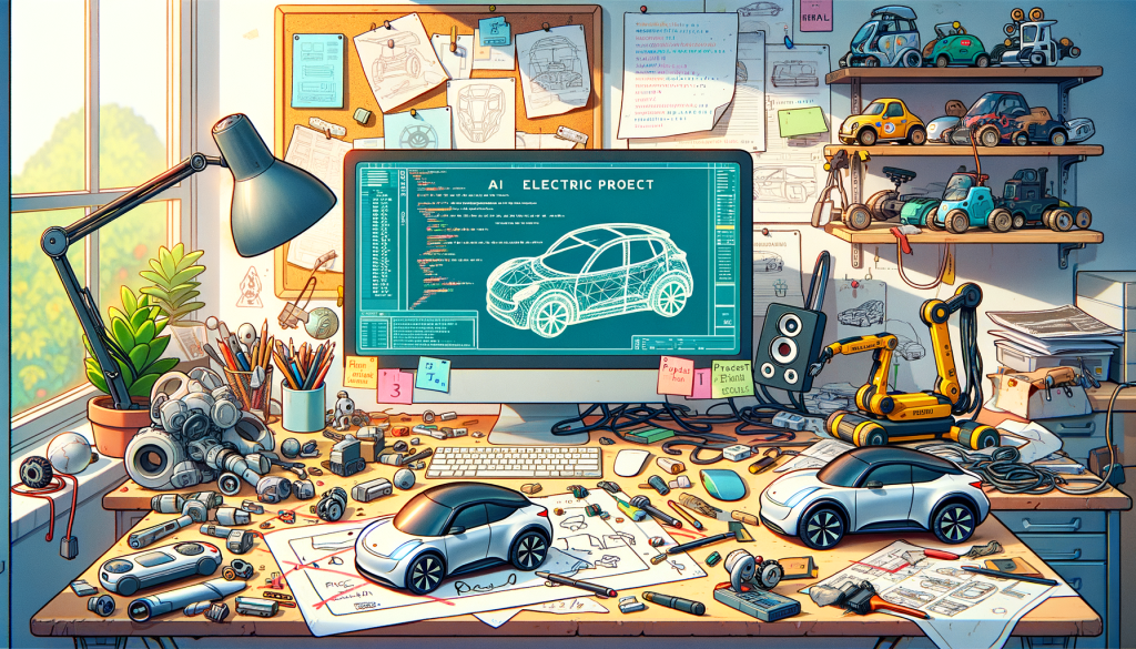 Generate an illustration for an article in a lighthearted, whimsical, and bright style, featuring a desk with various AI-related equipment hinting at the absence of a car project. There's a large sketch pad with half-serious drawings of electric cars, crossed out. Nearby, on a computer screen, visible code about AI modeling and programming is showing. A discarded blueprint of a car with the label 'Project Titan' is visibly crumpled in a corner and an unbranded electric car model on the desk is gathering dust. Subtle references to other tech companies like Sony and Honda are also visible as small toy electric cars on a shelf in the background.