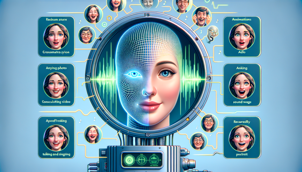 Illustrate an image that represents an advanced AI system, named EMO, in the style of digital and friendly animation, such as commonly found in late 20th century children's films. Show the AI converting audio into video, animating a portrait photo to realistically mimic talking and singing. To depict this, use elements such as fluctuating sound waves passing into a hi-tech device that has a calm portrait emerging from the other side showing various expressions. The portrait looks incredibly real and is talking in sync with the sound waves. Note that the aspect ratio should be 3:2 and the overall mood of the image should be positive and light.