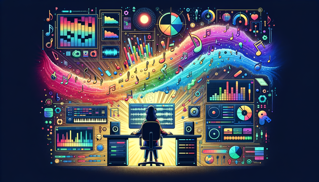 Generate an illustration in a modern, jubilant, and colorful art style, following a 3:2 aspect ratio. The image portrays the concept of AI being used for crafting and editing custom audio. Depict a human user, who can be a Middle-Eastern female, sitting at a computer interface showcasing various components like waveforms, music notes, text prompts, and adjustment sliders. A spectral cloud of colors arches over her, symbolizing the transformation of text to music. Images pertaining to audio editing such as tempo adjustment, restructuring, intensity variation, and looping elements should be featured. Elements that represent academic collaboration and AI ethics can also be subtly included.