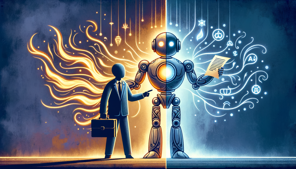 Generate a light and positive, whimsically-stylized illustration in a 3:2 aspect ratio, to represent an article about a technological entrepreneur's legal action against a major artificial intelligence company. Depict a symbolic portrayal of the tension between a notion of benevolent AI and commercial interests. Show a symbolic character, representing the entrepreneur, holding up a paper with legal terms and pointing accusingly towards a larger, robotic entity that represents the AI company. The robotic entity should be splitting into two – one side glowing, ethereal and charitable while the other appearing more mechanical and shaded with symbols of commercial intent. On the mechanical side, subtly incorporate elements that suggest partnership with a large tech corporation. Ensure the entire scene is wrapped in a wrapping of digital and futuristic elements to underscore the theme of AI and technology.