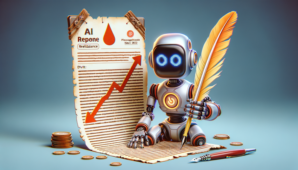 Create an image with 3:2 aspect ratio illustrating the concept of AI writing articles for a tech website. Visualize a futuristic robot with a feather quill in hand, curiously looking at an article with visibly eroded edges on a digital page. Emphasize elements of disappointment and caution to showcase the downgrade in reliability. Have the 'CNET' logo prominently displayed, along with a drop indicating its fall in reliability rating. In the background, show a chart indicating a dipping line graph symbolizing the dive in credibility since November 2022. Replace 'Pixar style' with a positive, colorful, and animated style.