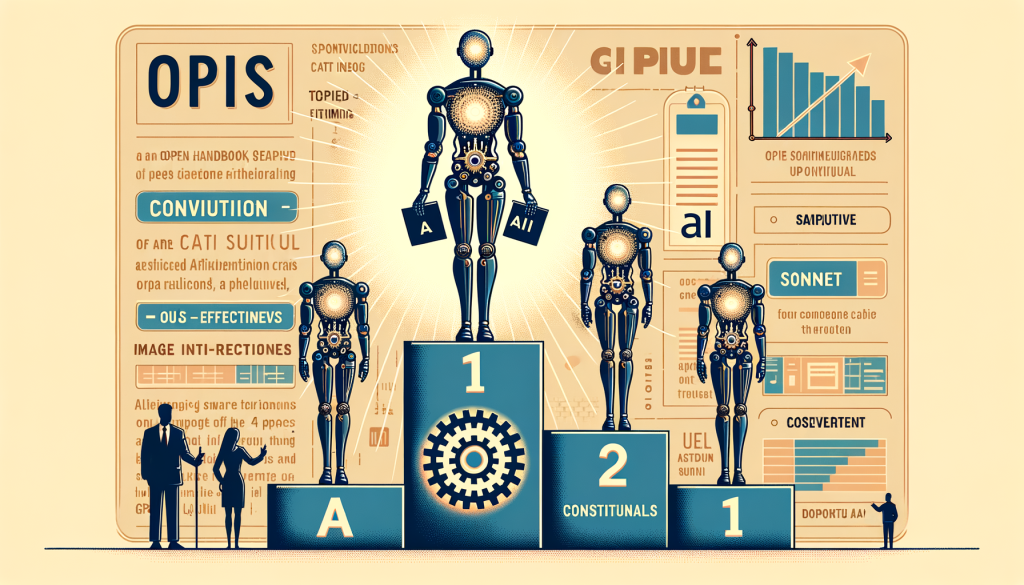 Create a 3:2 aspect ratio illustration, positive and light, reflecting the success story of an AI startup. Illustrate a highly advanced AI model, standing proudly at the top of a podium, leaving behind two other smaller models symbolizing GPT-4 and Gemini Ultra. This top AI model should be divided into three pieces, each representing a part of the series, namely Opus, Sonnet, and the upcoming Haiku. Opus is styled with gears, implying high function, Sonnet is engineered conservatively to represent cost-effectiveness, while Haiku is designed in a user-friendly way, reflecting its application as a chatbot service. In the background, include text-filled images to signify image input capability. Also, depict an open handbook titled 'Constitutional AI', representing the goal of addressing bias in AI. No figures from copyrighted productions should be included.