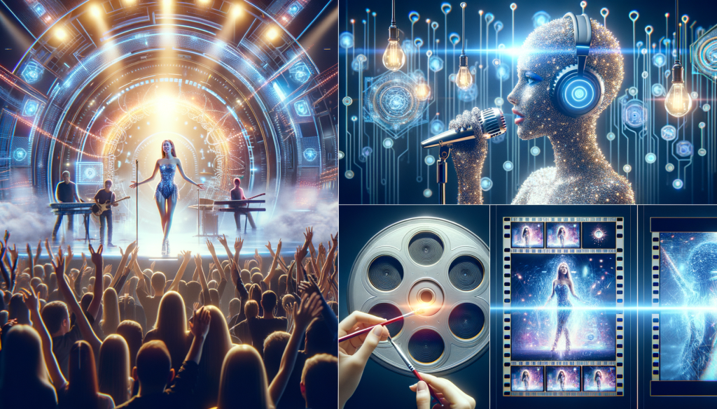 Generate an image in a positive, light-hearted style, avoiding any resemblance to copyrighted styles. The image should have 3:2 aspect ratio and depict the integration of artificial intelligence in the entertainment industry. One part of the image could show an unidentified female performer on stage with futuristic lights and visuals celebrating the music industry. Another scene could show AI working on a film reel to represent video generation. The backdrop could illustrate potential issues such as convincing deepfake videos, highlighted subtly as a warning sign on a screen. Also, represent a gleaming beacon symbolizing potential advancements and improvement in the technology.