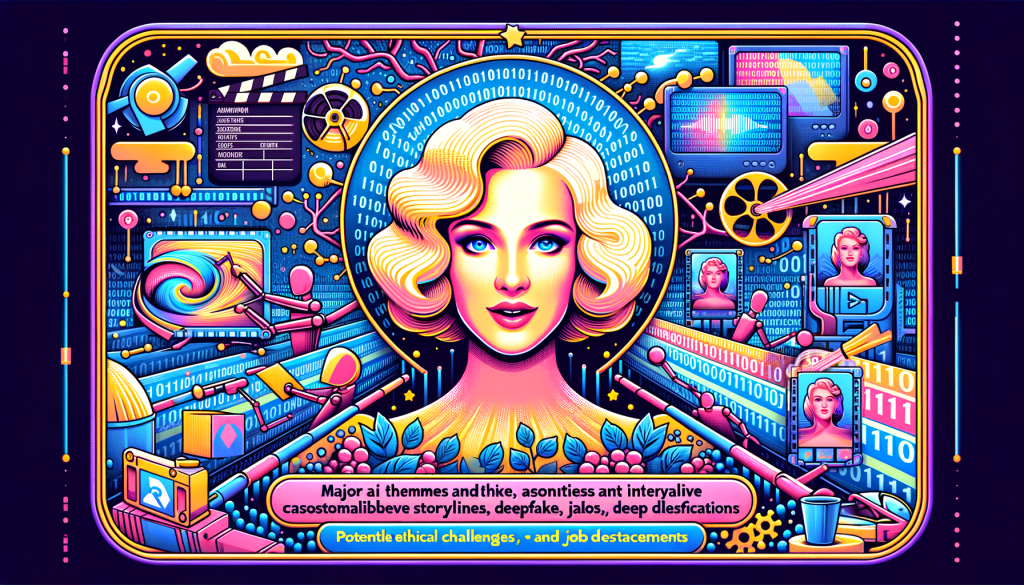 Design a 3:2 ratio illustration in a cheerful and optimistic style, taking inspiration from the charm and vibrancy typically associated with animation studios pre-1912. The content should convey the subject matter of an article on the revolutionary role of AI in entertainment. The frame should comprise of a prominent, generic, ageless female pop star immersed in a rich digital matrix, surrounded by binary codes, 3D imaging hats, and video reels. Major themes like customizable storylines, potential ethical challenges, deepfakes and job displacements should be hinted at subtly. AI-run tools from companies like Runway and OpenAI could be symbolized as blueprints or tools creating new content in the background, indicating the future scope.