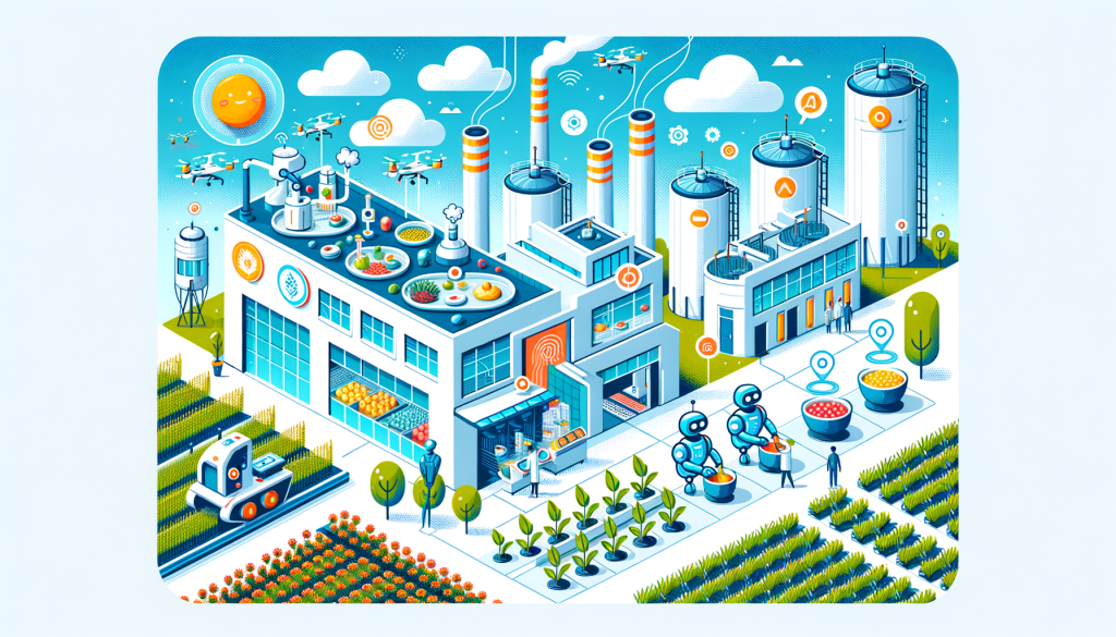 Create a 3:2 aspect ratio illustration in a bright and cheery style that represents the modernization of the food industry through artificial intelligence. The illustration should reflect significant points from the article. Show a futuristic looking factory with machines efficiently processing and producing a variety of foods. One section should show machines developing unique flavors, another section showing optimized food manufacturing, and another focusing on controlled waste reduction. Outside this factory, show fertile fields with crops thriving under the watch of AI robots or drones. The whole scene should convey a sense of optimism towards a future where food production is sustainable and advanced enough to cater to a growing population.