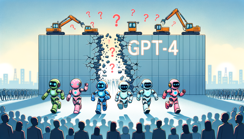 Create a detailed illustration for an article. The visual should be in a 3:2 aspect ratio and adopt a cheerful style. Depict a huge wall marked 'GPT-4' with cracks and pieces falling off it and four miniature robotic figures of varying designs and colors marching forth towards it, signifying the different vendors. The robots exhibit expressions of determination and confidence, symbolizing the challenge to the dominance of GPT-4. In the background, show blurred silhouettes of a crowd, indicating the public sentiment. Display a cloud of question marks around the models to symbolize the lack of transparency. The overall palette should be light and positive to match the style.