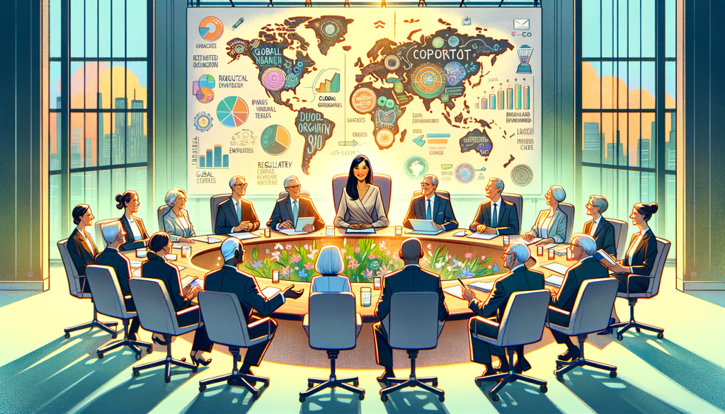 Create an image in a whimsical and lively, digitally animated style that reflects a positive corporate environment. The illustration should depict a 3:2 aspect ratio image of an eclectic group of board members sitting around a large conference table. Among them, a prominent member with a youthful appearance, denoting the reinstated CEO, is leading the discussion with determination. Highlight aspects of global organizations and regulatory environments, perhaps through visible documents or a world map on the background. Avoid any direct or indirect reference to real individuals or specific characters. Bright colours, soft shapes, and warm lighting should be used to reinforce the positive and light tone.
